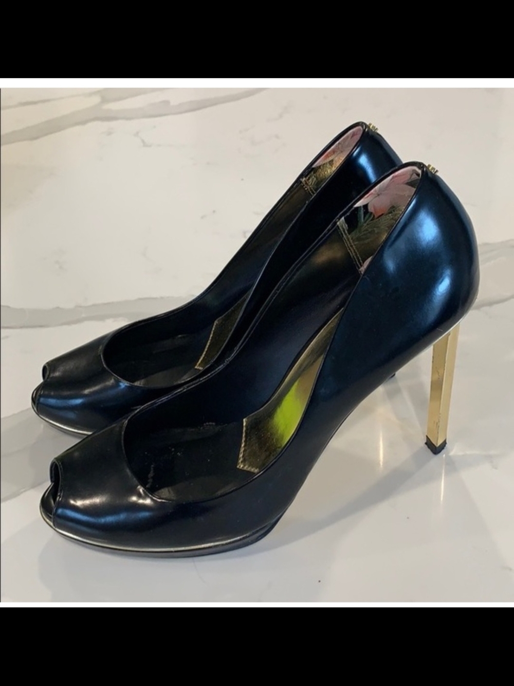 Ted Baker Black Peep-Toe Pumps with Gold Stiletto Heel